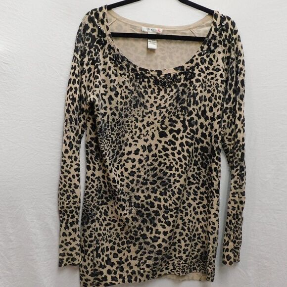 VERTIGO Paris L Cheetah Print Beaded Neckline Tunic Sweater Mini Dress NEW - Picture 1 of 5